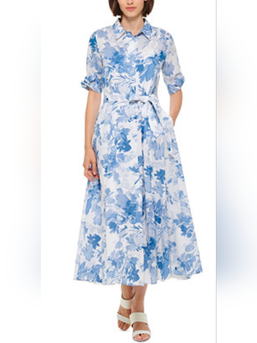 Calvin Klein 100% Cotton Blue White Watercolor Button Up Maxi Dress 10 Medium